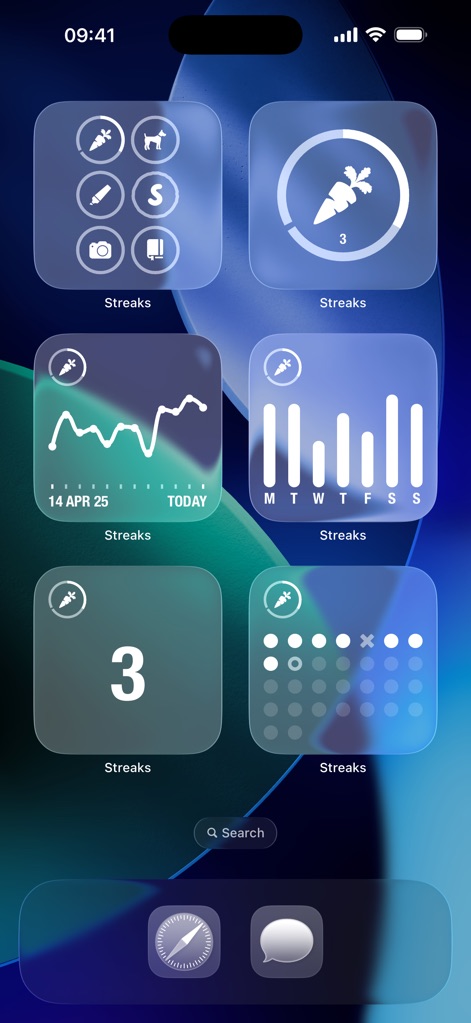 Streaks - Enhance daily visibility with diverse home screen widgets, showcasing individual habit progress in various formats, such as a numerical display for a single task and a dot-filled calendar view.