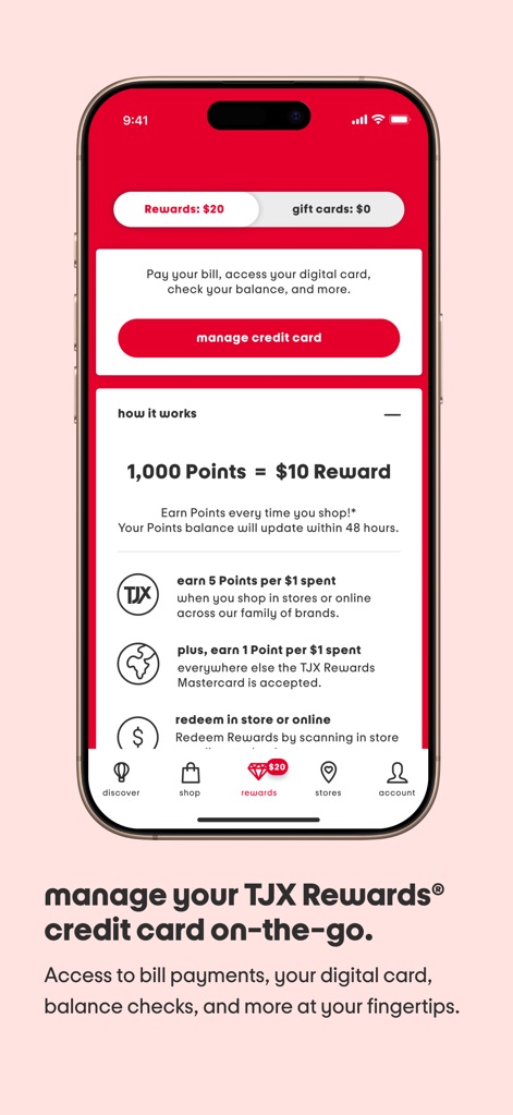 T.J.Maxx - This tool simplifies credit card management, offering a prominent 'manage credit card' button for quick access and a detailed breakdown of how points translate into rewards.