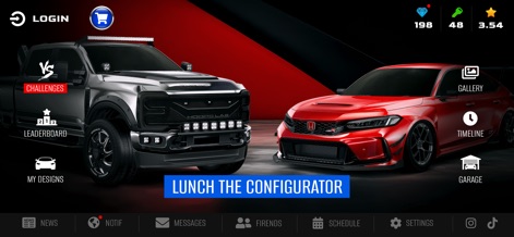 3DTuning: Car Game & Simulator - A tela inicial do aplicativo destaca um caminhão imponente e um carro esportivo, convidando os usuários a lançar o configurador e explorar diversas opções de personalização.