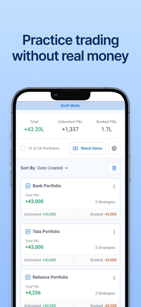 Sensibull for Options Trading - Nutzer können im "Draft Mode" den Handel üben und verschiedene Portfolios verwalten, um Strategien ohne echtes Geld zu testen und deren P&L zu verfolgen.