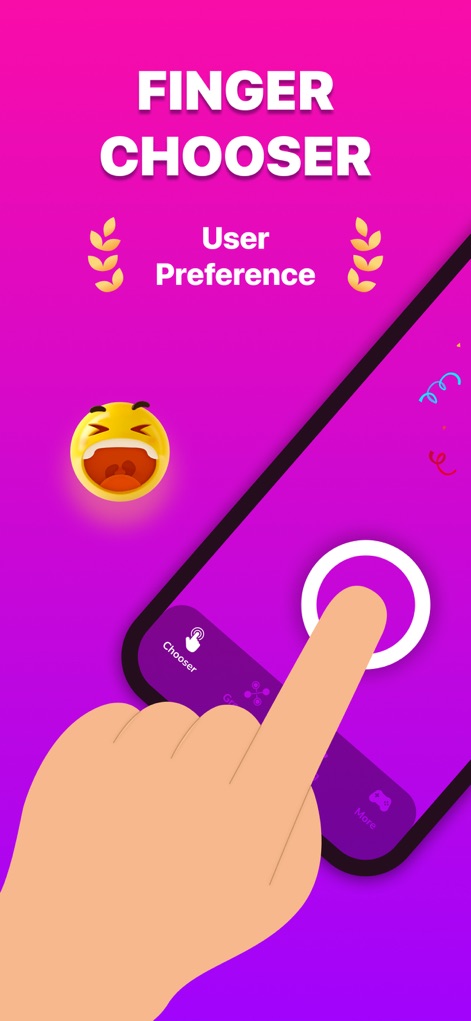 Finger Chooser: Party Picker - ユーザーは、指で画面をタッチするだけで、素早く意思決定を行うことができます。画面中央の指先による選択機能と、下部のナビゲーションバーで主要機能にアクセスできる点が特徴です。