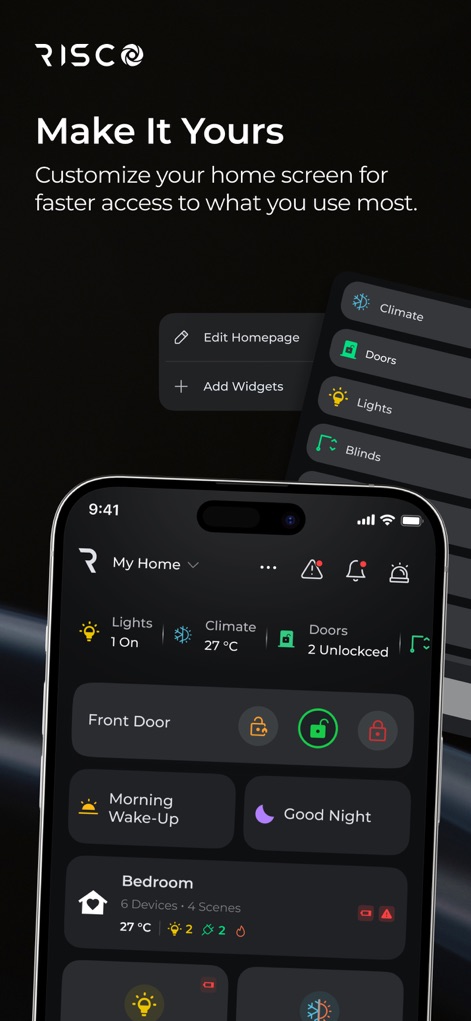 iRISCO - Esta ferramenta permite personalizar a tela inicial com widgets para acesso rápido, facilitando o controle de cenas e dispositivos como luzes e portas com um toque.