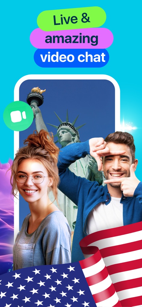 Video Chat - Mira - The app showcases its dynamic video chat capabilities, connecting users globally, as seen with smiling individuals and iconic landmarks like the Statue of Liberty.
