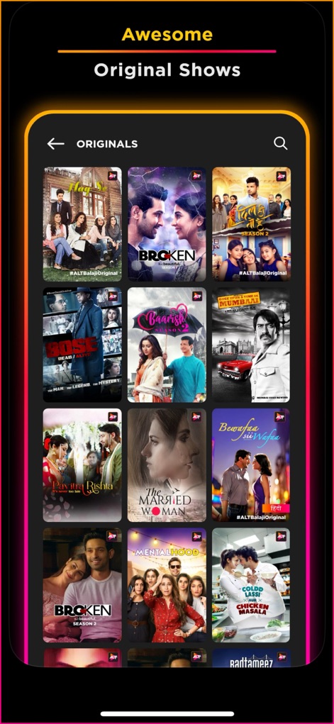 ALTT – Webseries & Movies - Users can browse an extensive library of exclusive 'Originals' content, presented in an easy-to-digest grid view that showcases diverse titles.