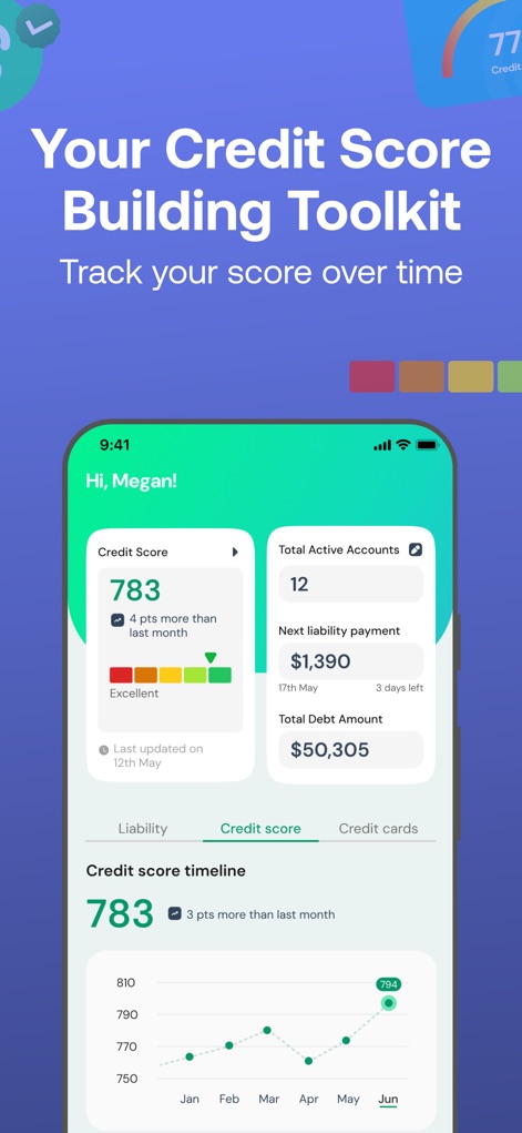 Vola: Cash Advance & Credit - This tool provides a comprehensive credit score breakdown, displaying the current score and total active accounts, along with a visual 'Credit score timeline' graph to track progress over time.