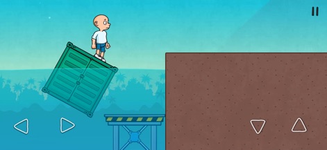 Plonky - Experience Plonky balancing on a tilted green container submerged in water, highlighting the game's challenging physics-based scenarios and environmental interactions.