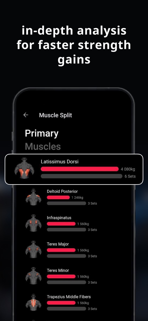 Lyfta: Gym Workout Tracker Log - Gain insights into training impact with a detailed muscle split analysis, showing volume and sets for specific primary muscles.