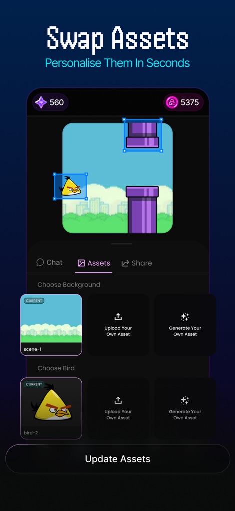 Plutus: Create, Play, Win - A funcionalidade de personalização de ativos é visível, permitindo aos usuários ajustar elementos como "Choose Background" e o "bird-2" em segundos, proporcionando controle criativo sobre os jogos.