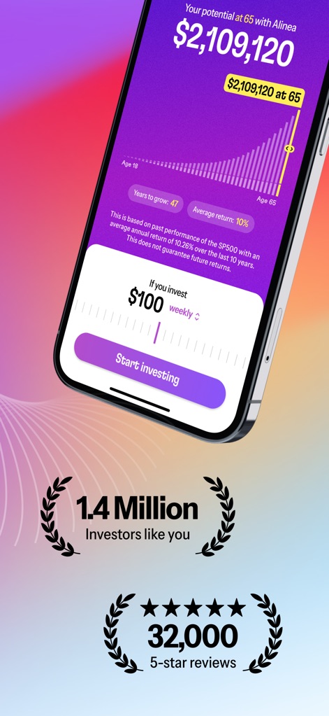 Alinea: Personalized Investing - このアプリは、投資額と平均リターンに基づいた将来の資産成長予測グラフと、目標達成までの残り年数を示します。