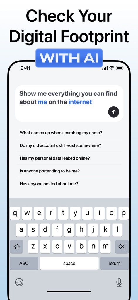Deepsearch AI Search Assistant - Users can proactively check their online presence by inputting a self-search query and reviewing suggested privacy-related questions.