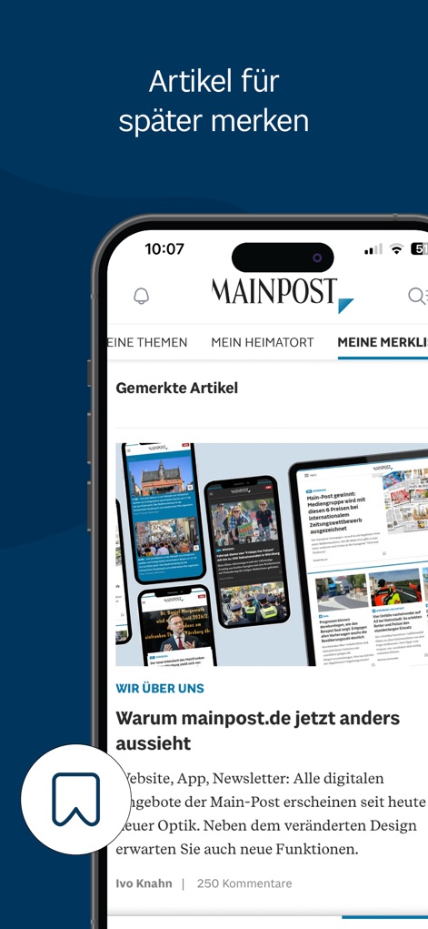 Main-Post News - 「MEINE MERKLISTE」画面には、ユーザーが後で読みたい記事がリスト形式で表示され、各記事にはサムネイル画像とブックマークアイコンが視覚的に確認できます。