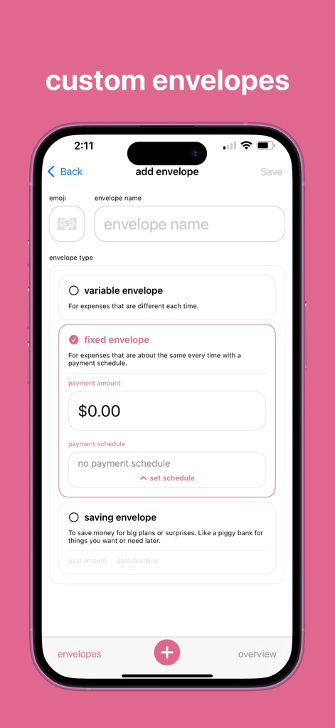 Budget Bestie - 이 앱은 사용자가 이모지, 봉투 이름을 설정하여 지출 카테고리를 맞춤 설정할 수 있도록 하며, 변동, 고정, 저축 봉투 유형 중 하나를 선택하여 유연한 예산 관리를 지원합니다.