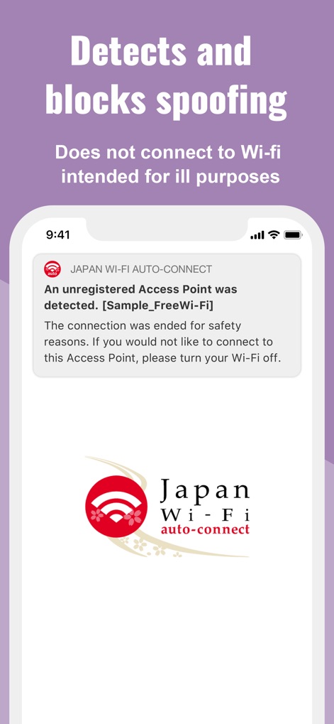 Japan Wi-Fi auto-connect - 不正なアクセスポイントを検知した場合、このアプリは「An unregistered Access Point was detected」という警告メッセージを表示し、同時に「turn your Wi-Fi off.」という具体的な安全対策をユーザーに促します。
