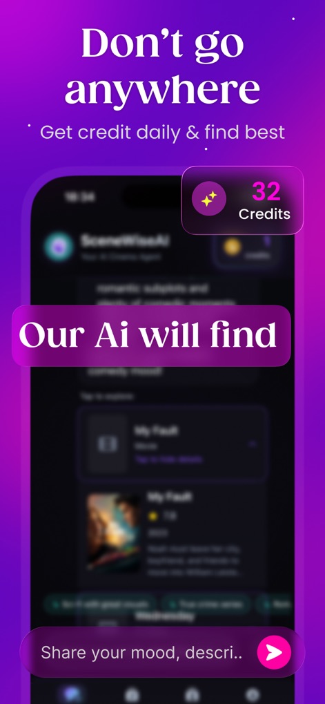 PipeCalc AI: Movie & TV Picks - アプリ内通貨「クレジット」の残高表示と、AIチャットの入力欄がハイライトされています。
