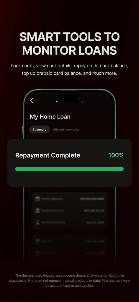 AYA Mobile Banking - Die App zeigt den Status von Darlehen übersichtlich an, wie die prominente 'Repayment Complete 100%'-Fortschrittsanzeige unter dem 'My Home Loan'-Titel belegt, was Nutzern volle Transparenz bietet.