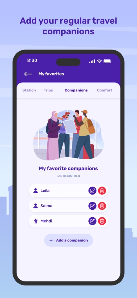 ONCF Voyages - L'application simplifie la gestion des compagnons de voyage en permettant leur ajout et modification faciles, et affiche une liste claire des profils enregistrés.
