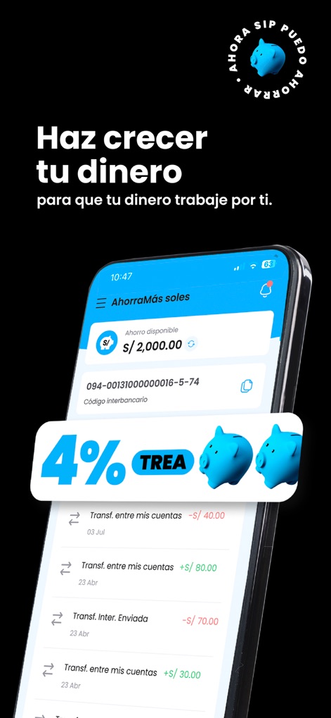 Sip: tu billetera digital - Esta interfaz muestra el ahorro disponible del usuario y destaca una atractiva tasa TREA del 4%, incentivando a la gestión financiera inteligente y el crecimiento del capital.