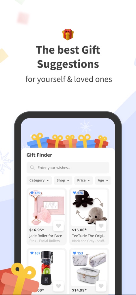 drawnames | Secret Santa app - Explorez une mine d'idées cadeaux grâce au 'Gift Finder', qui offre des suggestions basées sur des catégories et la possibilité d'ajouter des articles directement aux listes de souhaits.