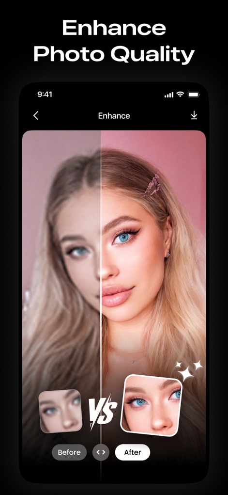 AI Photo Video Editor, Enhance - L'application permet d'améliorer la qualité des images, transformant des clichés flous en photos HD nettes avec une clarté et un détail accrus instantanément.