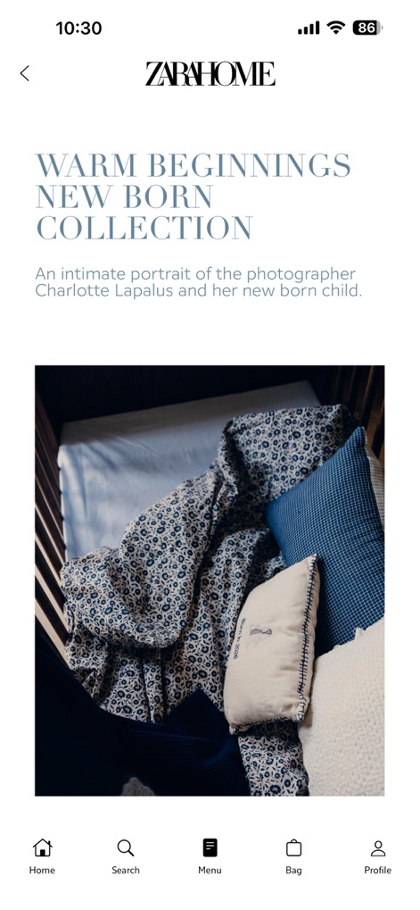 Zara Home - This tool presents inspiring curated collections such as "NEW BORN COLLECTION" with descriptive editorial content and engaging lifestyle photography.