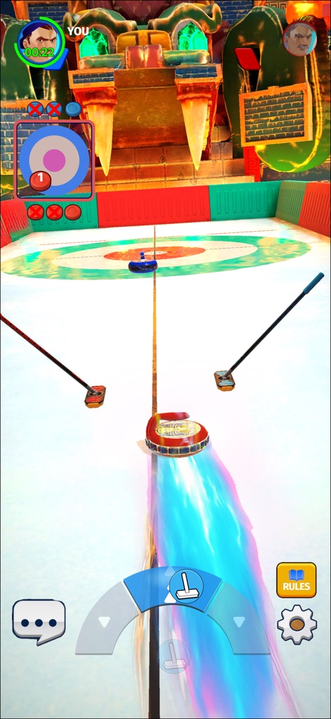 Curling Club: PvP Multiplayer - This screenshot details the intuitive power and aim control UI, allowing users to precisely maneuver their stones within an exotic-themed arena.