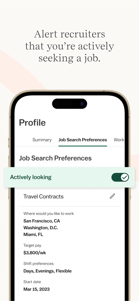 Vivian - Find Healthcare Jobs - This tool enables users to customize their 'Job Search Preferences' and activate an 'Actively looking' toggle to signal availability to recruiters.