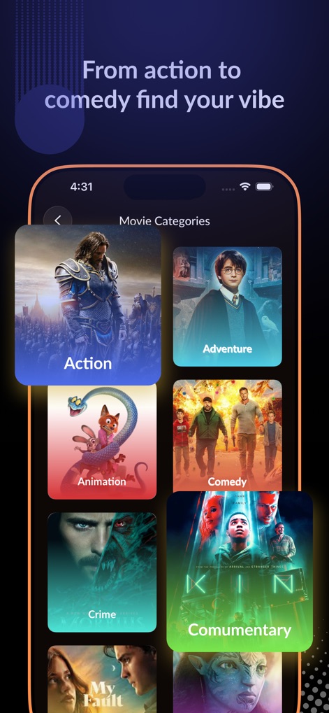 MovieBox - Movies & Shows - This tool allows for effortless navigation through a vibrant grid of genre tiles, each showcasing illustrative movie posters to guide discovery.