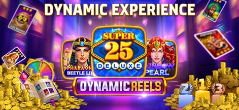 HighRoller Vegas: Casino Games - The app showcases its dynamic reels and a vibrant selection of themed slot games, including Super 25 Deluxe and Pharaoh Beetle Link.