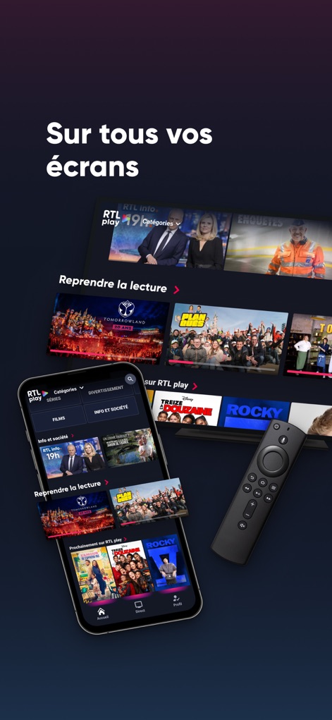 RTL play - Streaming et direct - The app ensures a continuous viewing journey across multiple devices, showcasing resume playback functionality ('Reprendre la lecture') and adaptive interfaces on smartphone and tablet screens.