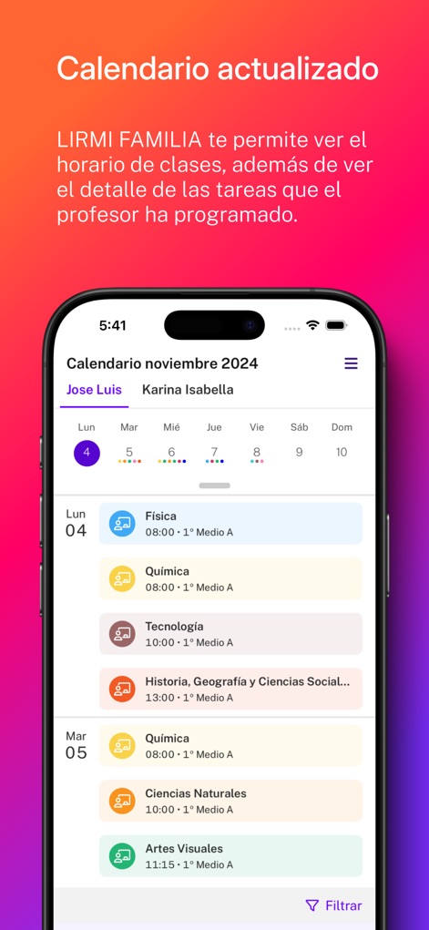 Lirmi Familia - Discover how the app provides an updated calendar interface, showcasing a clear calendar grid and detailed class schedule entries with subject icons for effective planning.
