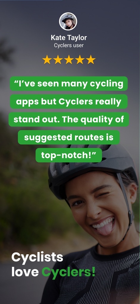 Cyclers: Bike Route Planner - Esta sección muestra la alta satisfacción de los usuarios con una reseña de usuario con calificación de cinco estrellas y una cita textual de satisfacción.
