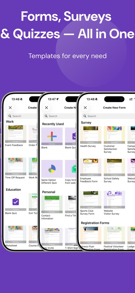 Forms for Google Drive - La aplicación presenta una diversidad de categorías como "Work" y "Education", ofreciendo una amplia selección de plantillas predefinidas para cualquier necesidad.