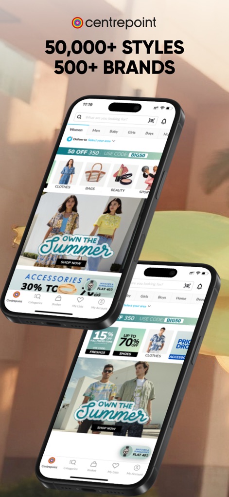 Centrepoint Online Shopping - Explore the app's extensive catalog, showcasing popular product categories like 'Women' and 'Men' alongside the impressive count of '50,000+ Styles'.