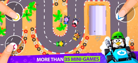 2 3 4 Player Party Mini Games - La captura muestra un minijuego de carreras con karts, ideal para que amigos y familiares compitan en pistas llenas de obstáculos. Es posible observar la pista de carreras con curvas cerradas y los pequeños coches de carreras junto a palmeras tropicales que añaden al ambiente festivo.