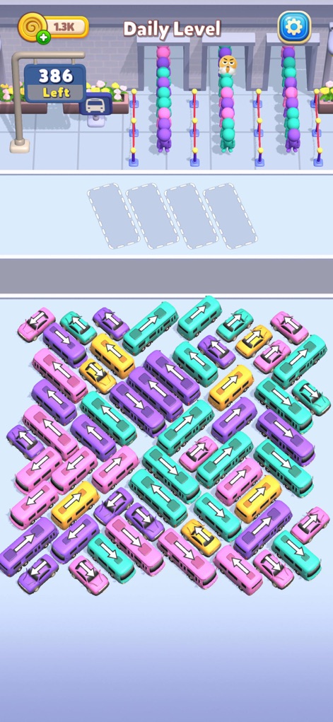 Bus Mania - Car Parking Jam - O aplicativo apresenta um estacionamento congestionado repleto de carros coloridos e um contador 'Left' no topo da tela, desafiando os usuários a organizar o tráfego.