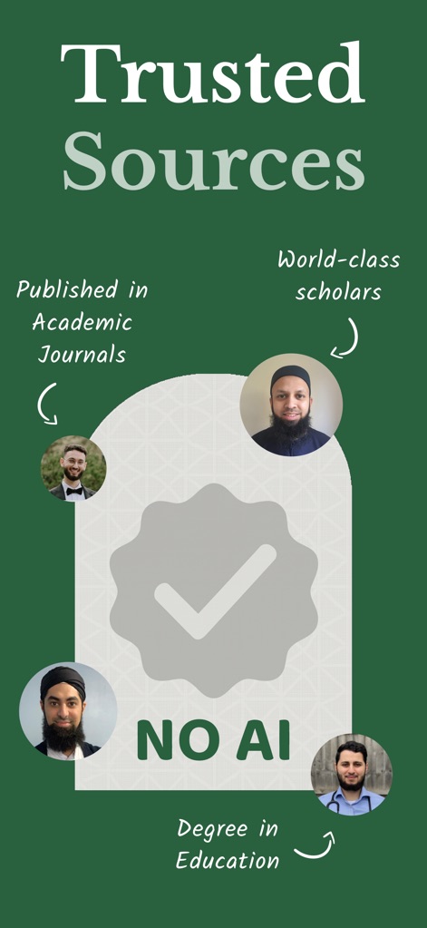 Jibreel: Learn Islam App - Dieses Bild unterstreicht die Vertrauenswürdigkeit der Inhalte durch die Nennung von Weltklasse-Gelehrten und die klare Deklaration "NO AI".