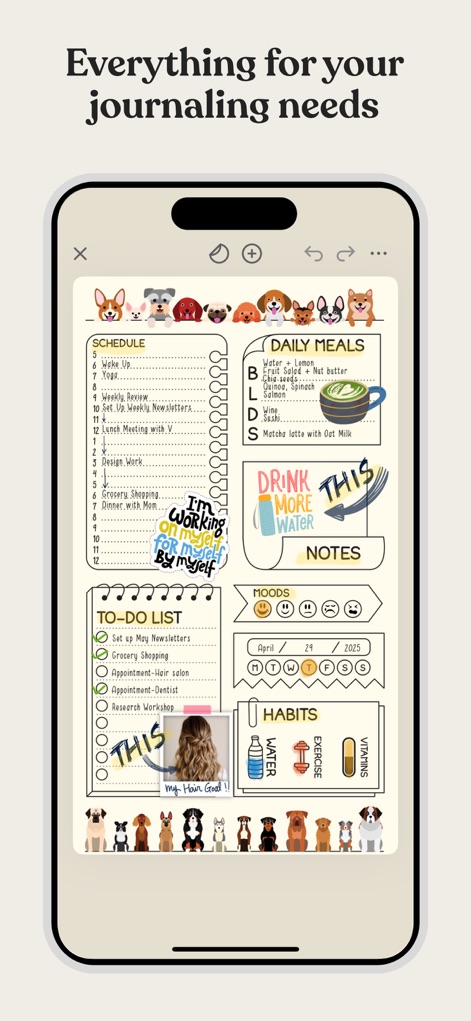 Planner & Journal - Zinnia - Eine detaillierte Tagesübersicht ermöglicht es Nutzern, Zeitpläne, Mahlzeiten und Gewohnheiten zu verwalten, ergänzt durch charmante Hunde-Illustrationen für eine persönliche Note.
