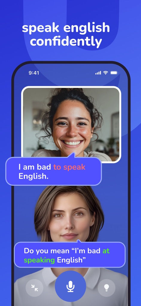 YayTalk: Learn & Speak English - Die App demonstriert eine Konversationsübung, bei der eine KI Grammatikfehler des Nutzers sofort korrigiert, wie die hervorgehobenen Phrasen "to speak" und "at speaking" eindrucksvoll zeigen.