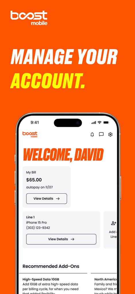 Boost Mobile - Esta sección ofrece una visión integral del 'My Bill' actual del usuario y los detalles de la 'Line 1', proporcionando un control claro sobre la información esencial.