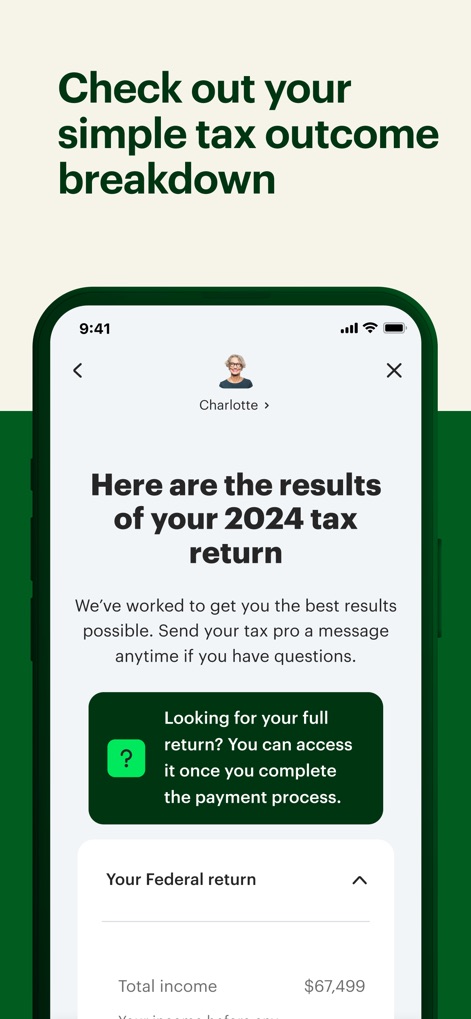 MyBlock: Tax Docs & Refund - The app presents a clear breakdown of tax return outcomes, including the 'Results of your 2024 tax return' and a summary of 'Total income'.
