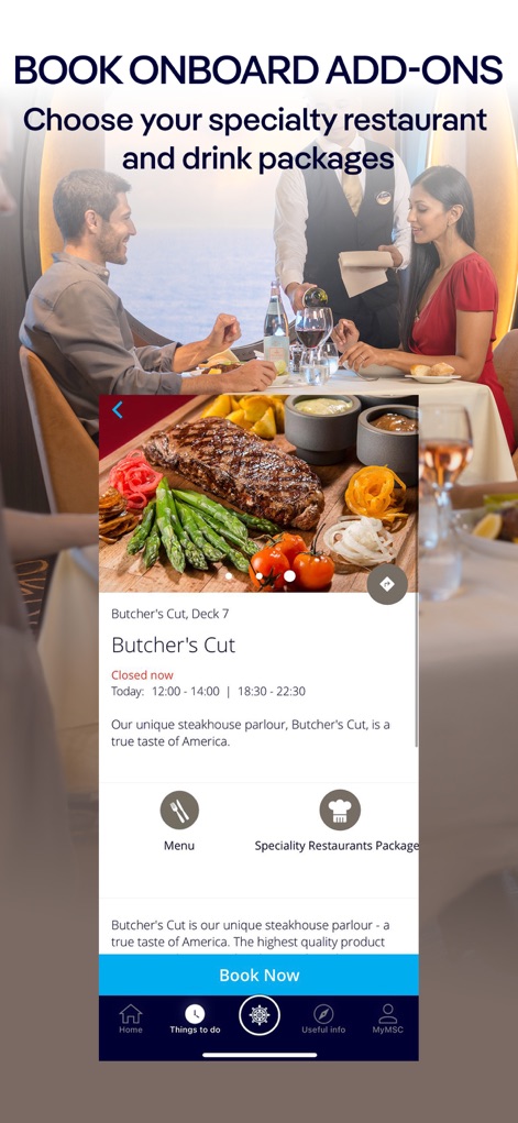 MSC for Me - このアプリは、ユーザーが「Butcher's Cut」のような専門レストランの詳細情報を確認し、「Book Now」ボタンから簡単に予約できる機能を提供します。