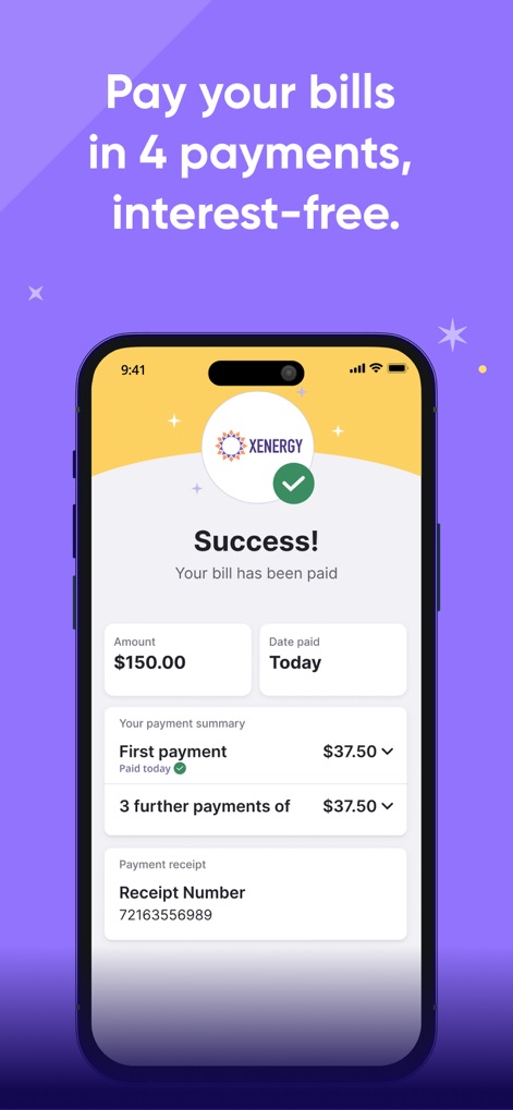 Deferit: Pay bills in 4 - This screen demonstrates the successful "Success! Your bill has been paid" notification for a biller like XENERGY and the transparent "payment summary" outlining the interest-free, four-part payment structure.