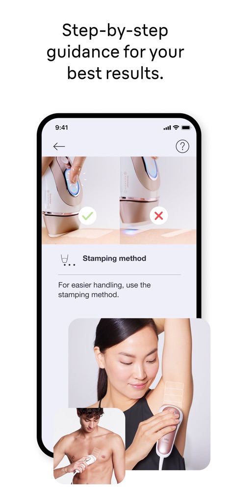 Braun IPL app - The tool offers step-by-step guidance, including visual comparisons for methods like stamping, and illustrative images demonstrating correct device application for optimal results.