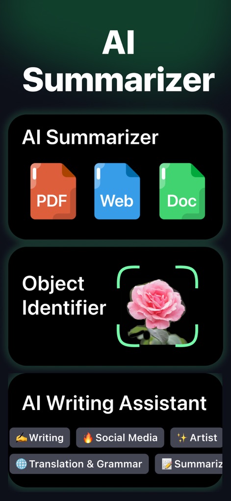 AI Chat − AI Chatbot Assistant - The app offers a range of functionalities, including a clear section for 'AI Summarizer' with document types and an 'Object Identifier' with an image icon.