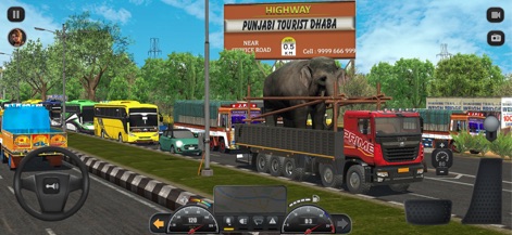 Truck Masters: India Simulator - The simulator presents an extraordinary sight: a heavy-duty truck carefully transporting an elephant amidst bustling highway traffic.