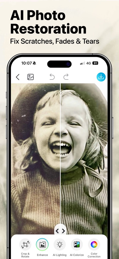 YouCam Enhance: Photo Enhancer - La aplicación repara fotos dañadas, eliminando arañazos y restaurando la claridad original en imágenes antiguas y desgastadas.