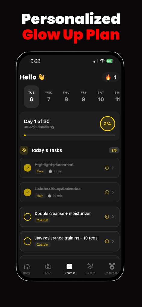 MogMax AI - LooksMax AI Rating - Cet outil génère un plan de 'glow up' sur 30 jours avec des tâches quotidiennes comme le "placement des highlights" et l'"optimisation des cheveux", aidant les utilisateurs à suivre leurs améliorations et le pourcentage d'avancement.