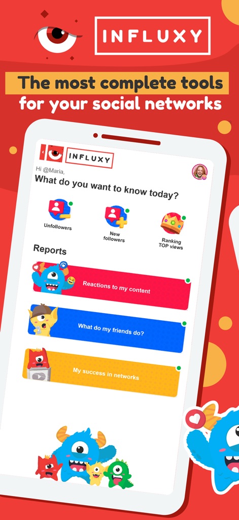 Influxy - Discover the app's comprehensive dashboard, offering quick access to key reports like Unfollowers and a personalized user greeting.