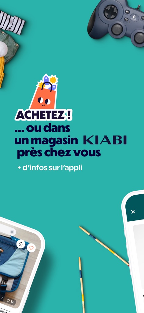 Beebs: Baby & Kids Second-hand - アプリ内での購入に加え、ユーザーが近くのKiabi店舗で商品を受け取れることを紹介しています。画面には、バックパックやコントローラーなどの多様な商品が散りばめられています。