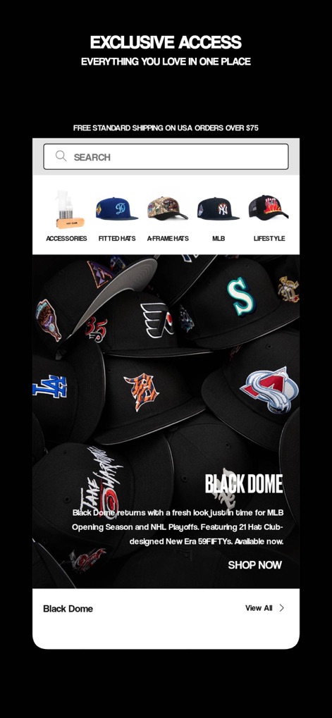 Hat Club - The app offers a central 'Search bar' for quick product finds and highlights a prominent 'featured collection' like 'BLACK DOME' to capture user interest.